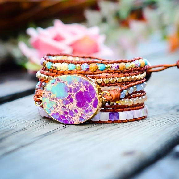 Colorful Sea Sediment Jasper Leather Handmade Bracelet - Picture 4 of 7